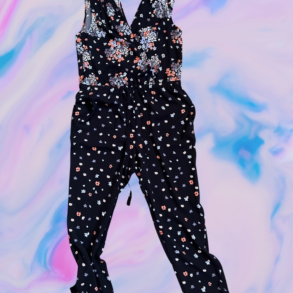 LOFT Black Floral Jumpsuit